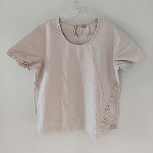 Symple blouse Large linen/cotton blend tan short sleeve scoop neck button
